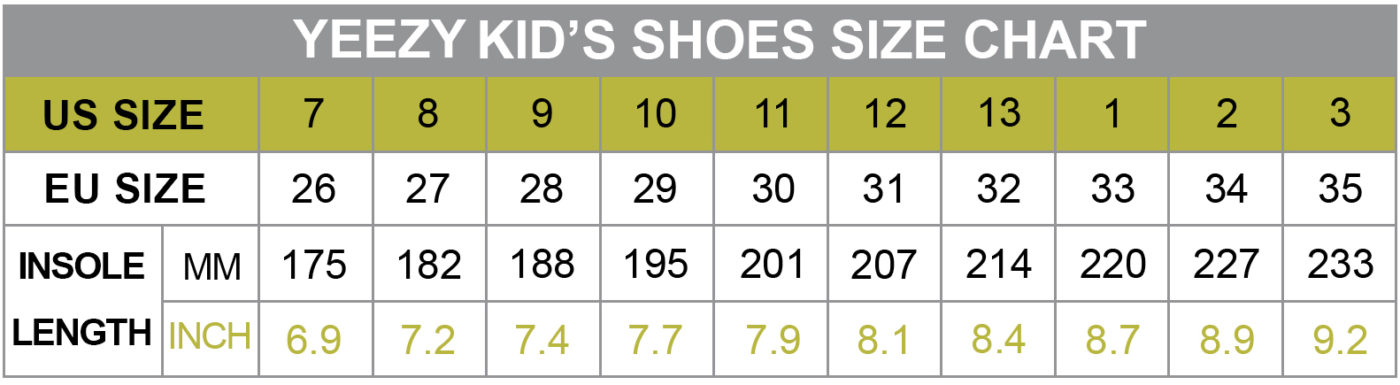 Yeezy youth 2025 size chart